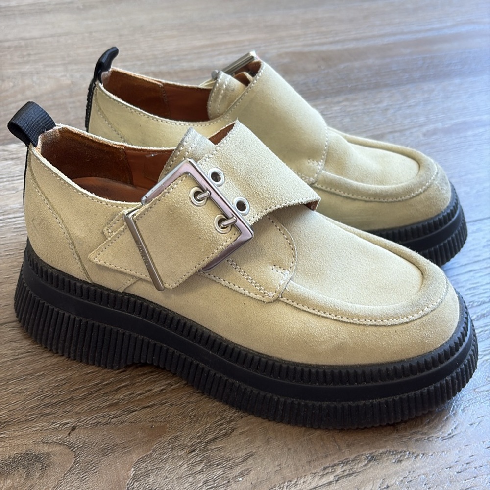 Ganni Cream Suede Buckle Platform Loafers